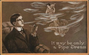 Fantasy Man Sees Beautiful Woman in Pipe Smoke c1910 Vintage Postcard