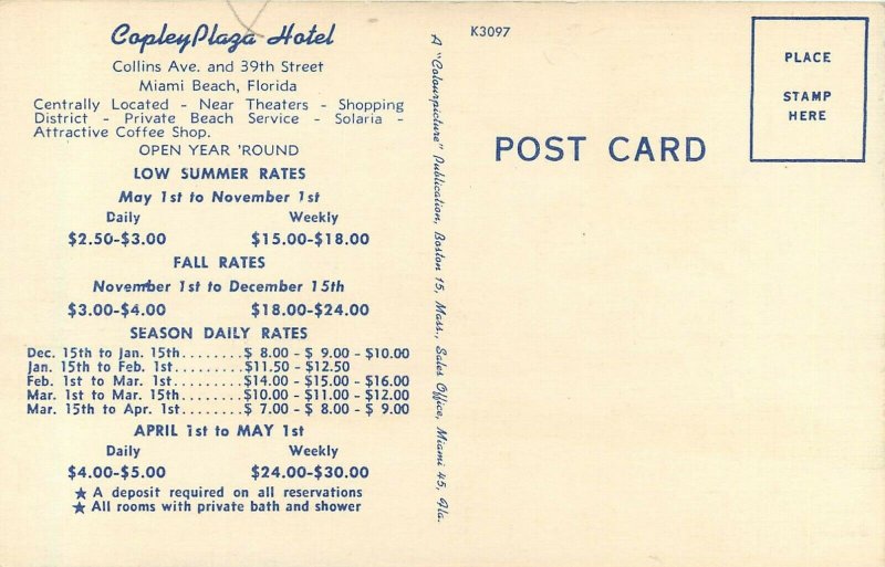 Linen Postcard Art Deco Copley Plaza Hotel, Miami Beach FL Unposted Nice