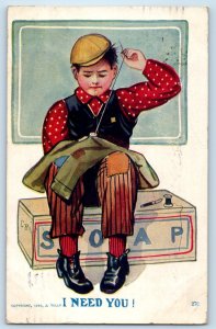 1909 Boy Stitching I Need You Soap Marceline Missouri MO Antique Postcard