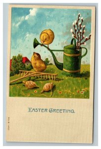 Vintage 1910's Easter Postcard Cute Chicks Play on Watercan Cottontails Country
