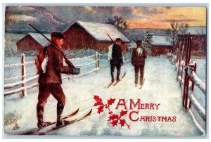 1910 Christmas Boys Hunting And Skiing Winter Rifle Gun Oilette Tuck's Postcard 