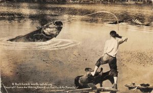 RPPC A Bull-head worth catching Fishing Exaggeration 1910 Vintage Postcard