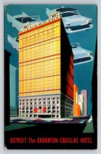 Detroit Sheraton-Cadillac Hotel Postcard 1950s Lusterchrome Flying Cars