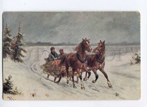 3031992 Running HORSES Snow Vintage color RUSSIA Military POST