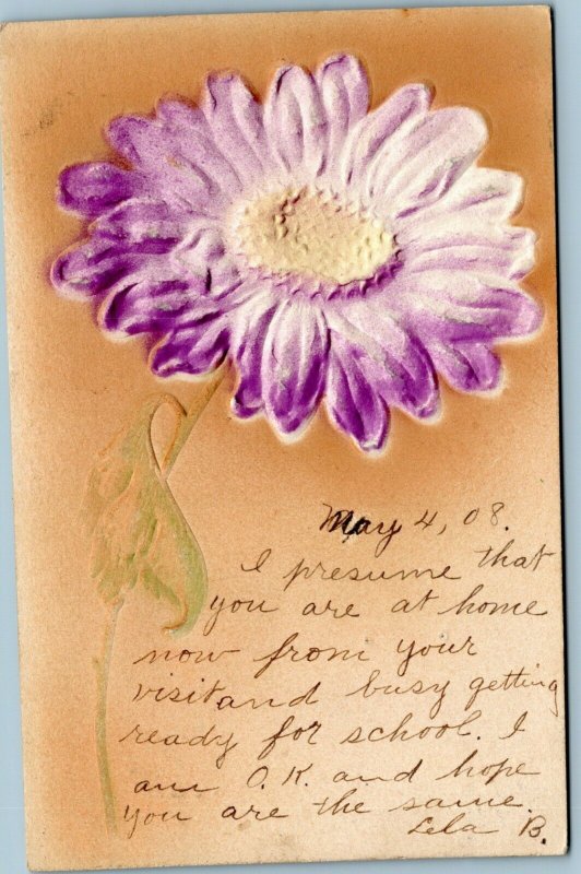 Embossed postcard purple daisy posted 1908