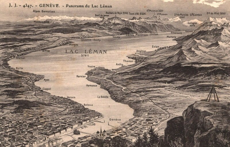 Switzerland Geneve Panorama du Lac Leman Geneva Vintage Postcard 03.69