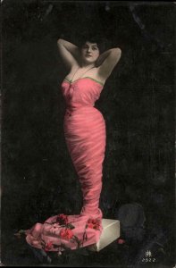 Beautiful Woman Pink Gown Roses at Feet RK 2522 Tinted Real Photo Postcard