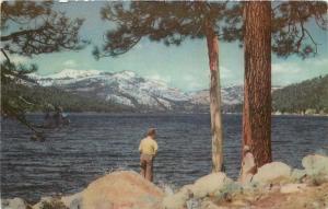 Truckee CA~Two Talk by Rocks on Shore of Donner Lake~1940 Union '76 Postcard 