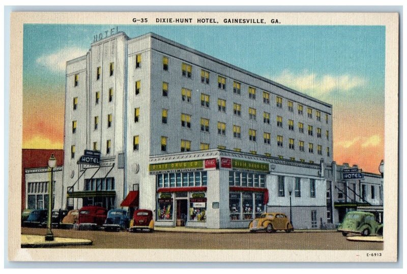 Gainesville Georgia GA Postcard Dixie-Hunt Hotel Building Exterior c1940's Cars