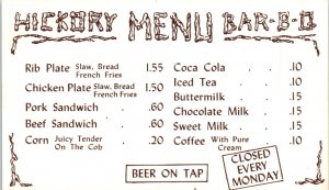 1950's Hickory Bar-B-Q #1 Fort Myers Florida Menu Postcard