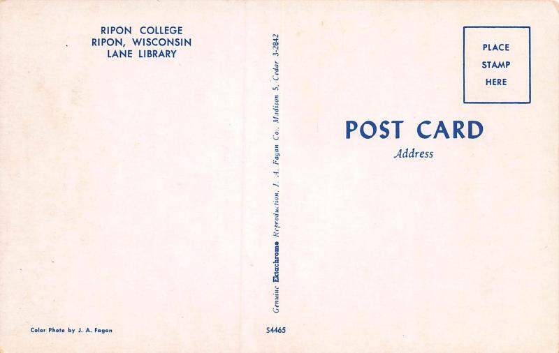 Lane Library, Ripon College, Ripon, Wisconsin, Postcard, Unused