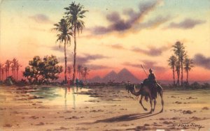 Postcard Egypt the pyramids seen from the desert camel bedouin