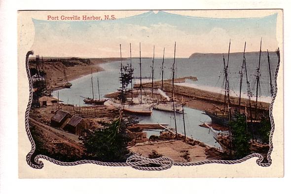 Tall Ships in Port Greville Harbor, Nova Scotia, Fancy Rope Border Used 1908