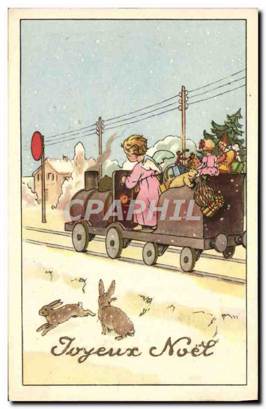 Old Postcard Merry Christmas Angel Fantasy Train Rabbits