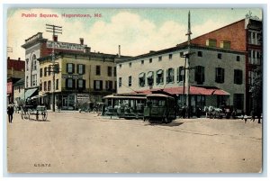 c1910's Public Square Horse Carriage Trolley People Hagerstown Maryland Postcard