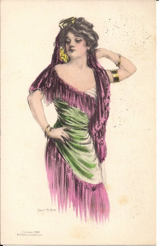 Beautiful Woman, Fancy Dress, 1910 Tinted, Pretty Girl, Jewelry, Artist M McMein