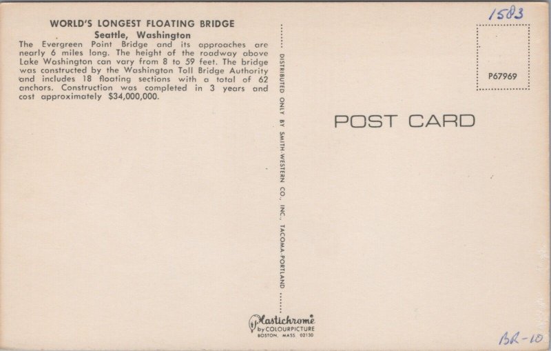 USA World's Longest Floating Bridge Seattle Washington Chrome Postcard 09.98