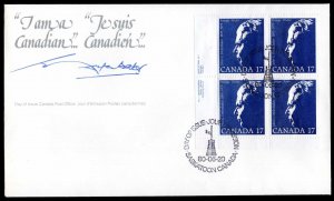 Canada # 859 First day Cover Plate Block N°1 JOHN DIEFENBAKER 1980 Unaddressed