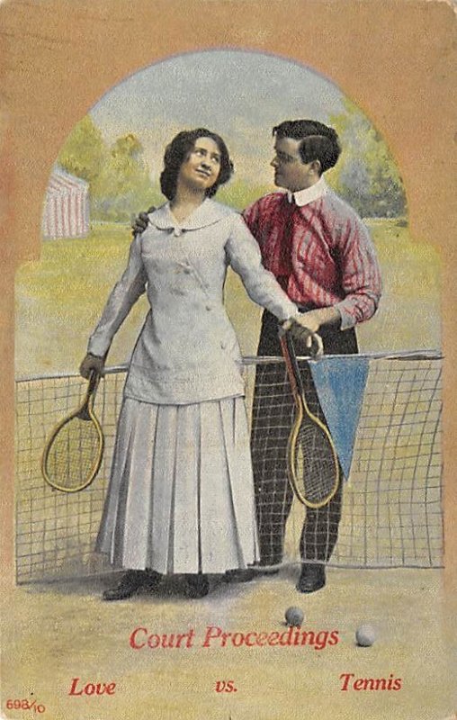 Court Proceedings Love Is Tennis Man and Woman Posing on Tennis Court Tenni...