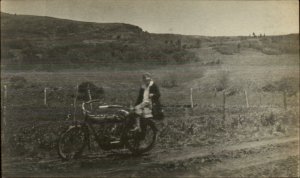 Woman Sitting on Back of Old Motorcycle c1920s? Real Photo Postcard