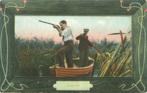 Hunting, Man Aiming Rifle in Canoe 1909 Postcard With Fancy Border Used