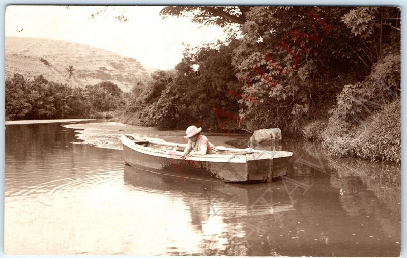 c1920s Unique Lady in Boat RPPC Young Woman Fish Play Real Photo in Nature A163