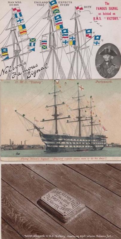 HMS Victory Nelsons Famous Signal + Where He Died 3x Postcard Bundle