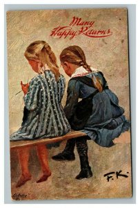 Vintage 1910's Tuck's Greetings Postcard Girls on Bench Knitting Oilette - NICE
