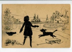 289617 USSR girl play w/ DOG litho handcrafted gluing silhouette postcard