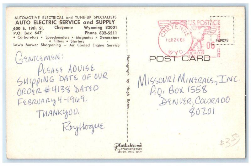 1969 Auto Electric Service & Supply Cheyenne Wyoming WY Posted Postcard