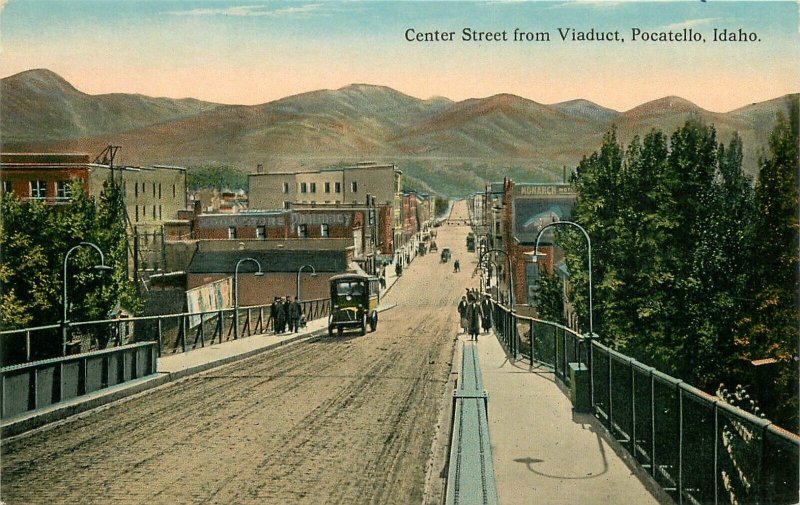 Postcard Idaho Pocatello Center Street Viaduct autos Truck Gray Teich 23-1152