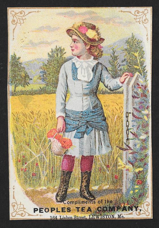 VICTORIAN TRADE CARD Peoples Tea Lady by Fence