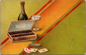 Embossed Artwork Postcard Cigars in Box, Deck of Cards, Champagne, Glass