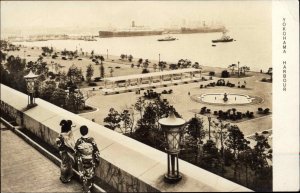 Yokohama Japan Harbor Geisha Women Pier Ships USED Real Photo Postcard