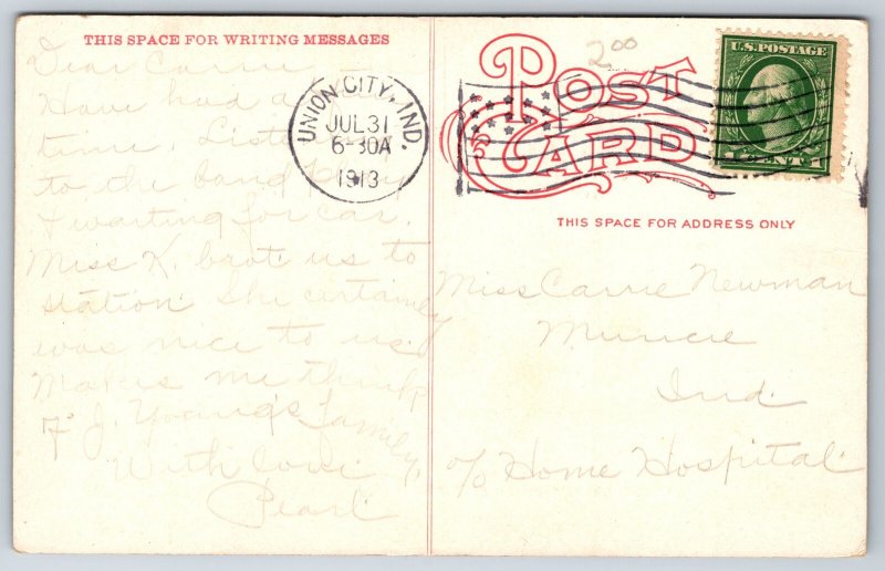 Union City Indiana~Close Up Carnegie Public Library~Fountain~1913 Postcard