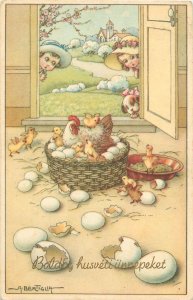 Easter Postcard 560-2 Signed A. Bertiglia, Children Watch Chicks Hatching