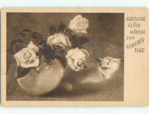 Pre-Linen foreign GERMAN BIRTHDAY GREETING WITH ROSE FLOWERS k4718