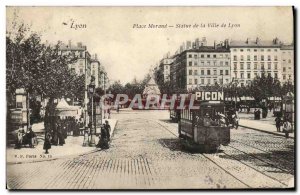 Old Postcard Lyon Place Morand Statue of Lyon Tramway Byrrh