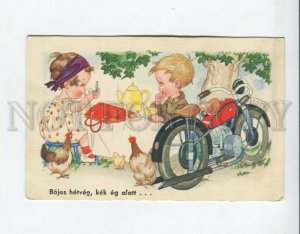 3161114 TEA Time KIDS near MOTORCYCLE Vintage postcard