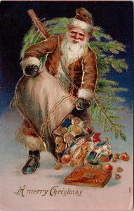 Santa Claus Brown Jacket Presents Gifts Tree Embossed Postcard E77
