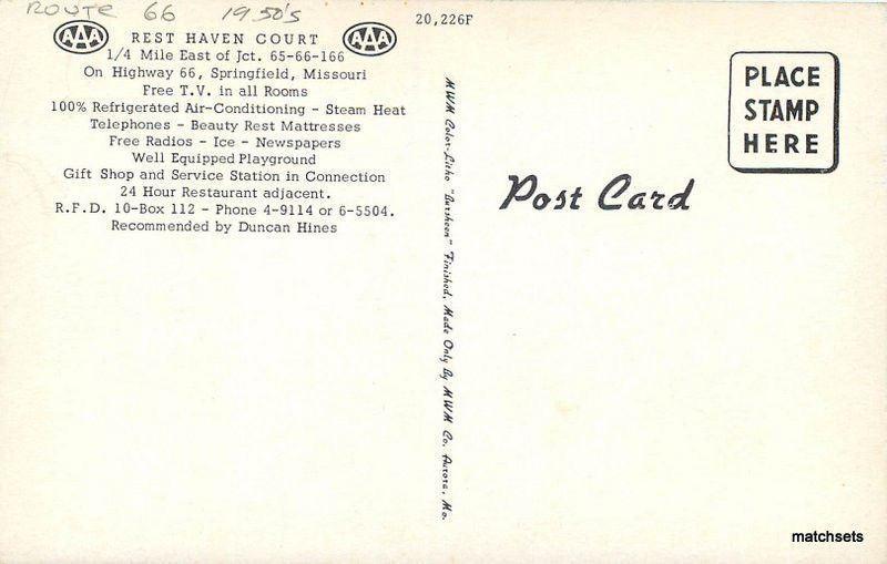 1950s Route 66 Rest Haven Court Springfield Missouri roadside MWM postcard 7156