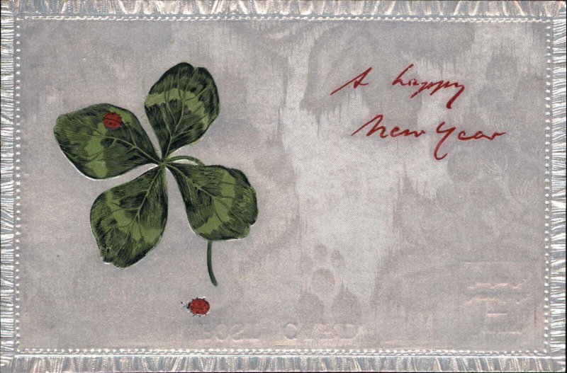 New Year Shamrock and Ladybug Silver Back and Border c1910 Postcard