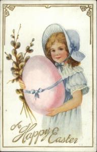 Easter - Sweet Little Girl in Bonnet Holding Giant Egg c1910 Postcard rpx