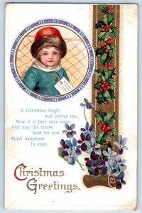Christmas Postcard Greetings Little Child Holly Berries Suffrage Clapsaddle 1912