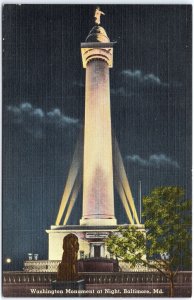 VINTAGE POSTCARD THE WASHINGTON MONUMENT AT NIGHT AT BALTIMORE MARYLAND