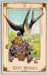 1913 Best Wishes Bird Holding Flower Basket Greetings Posted Postcard