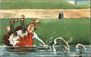Comic Woman Falls Off Bicycle Into Water Pre-1910 Vintage Postcard