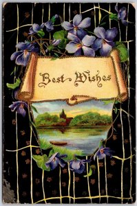 1911 Best Wishes Violet Small Flowers River Landscape Greetings Posted Postcard
