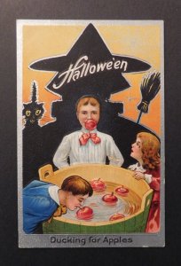 Mint USA Picture Postcard Halloween Children Bobbing Apples Witch Sillhouette