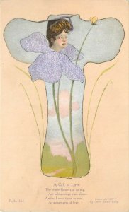 Art Nouveau Style Postcard F.L.161; Lady's Face in Flower, Message of Love